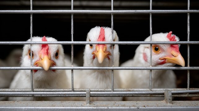 Three white chickens looking through the metal cage, confined and waiting for their fate.