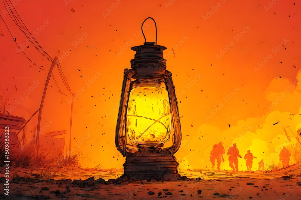 Poster glowing lantern illuminating a path forward, with a mysterious background scene of people walking fo