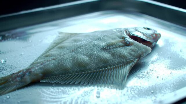 Freshly caught flatfish displayed on a silver tray with water droplets, highlighting its texture and freshness - flattened fish