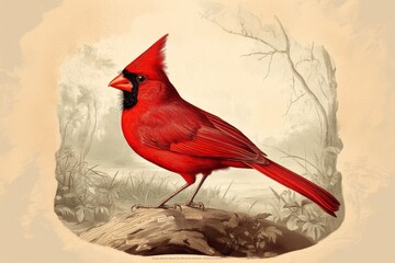 A highly detailed vintage scientific illustration of an cardinal bird