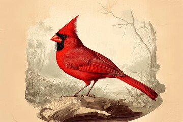 A highly detailed vintage scientific illustration of an cardinal bird