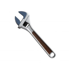Obraz premium A detailed image of an adjustable wrench with a sleek metallic finish and wooden handle, perfect for tools and equipment representation on a white isolate background.