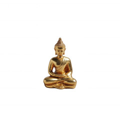 A golden Buddha statue sitting in a meditative pose, symbolizing peace and spirituality, on a white isolated background.