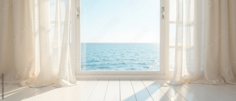 Poster serene view of ocean through bright window, with soft curtains gently swaying in breeze, creating pe