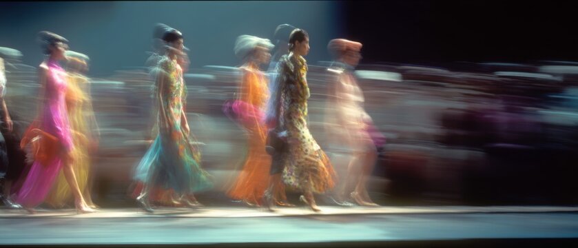 Models in colorful outfits glide down the runway, their forms blurred, embodying the spirit and elegance of high fashion.