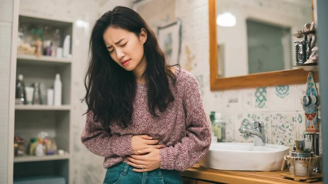Woman experiencing abdominal pain in bathroom setting: emotional expressions and body language