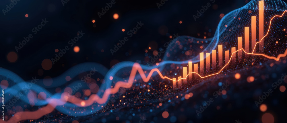 Poster visualize data trends with vibrant lines and glowing bars, representing growth and analytics in digi