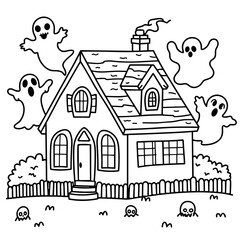 Fototapeta premium Haunted house with friendly ghosts for coloring page concept. Hand Drawn black and white sketch.