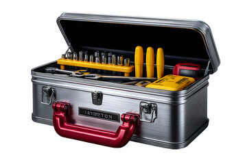 "A metal toolbox with open lid showing tools, isolated on transparent background"