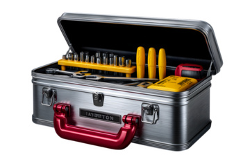 "A metal toolbox with open lid showing tools, isolated on transparent background"