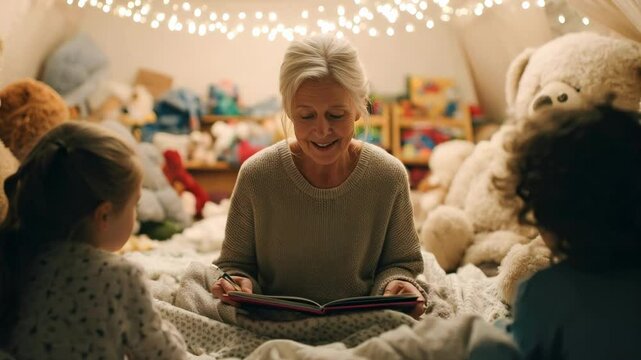 Grandparent reading magical bedtime story to children under cozy blanket fort