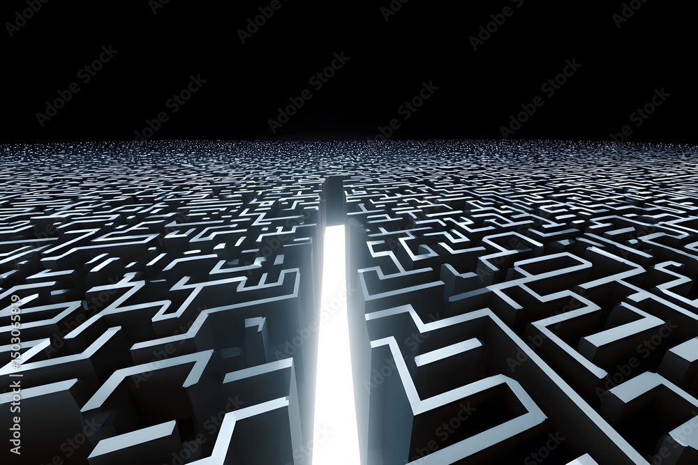 Poster an illuminated path leads through a complex maze towards a bright light, symbolizing the journey of 