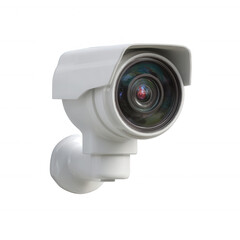 A modern security camera with a sleek white design, ideal for monitoring and surveillance. Captured on a white isolated background for easy integration into various projects.