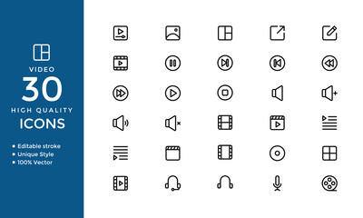 Video and Media Solid Icons Set – Vector Collection of Play, Pause, Camera, Movie, Online Video, Live Stream, and Production Symbols