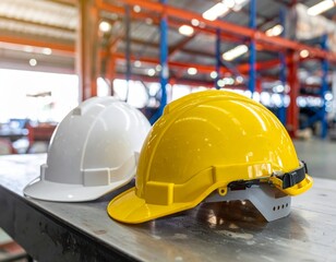 Yellow and orange hard hats, safety glasses and work gloves