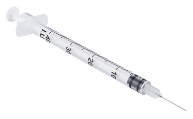 Disposable syringe for injection of insulin isolated on a transparent background. Completely in...