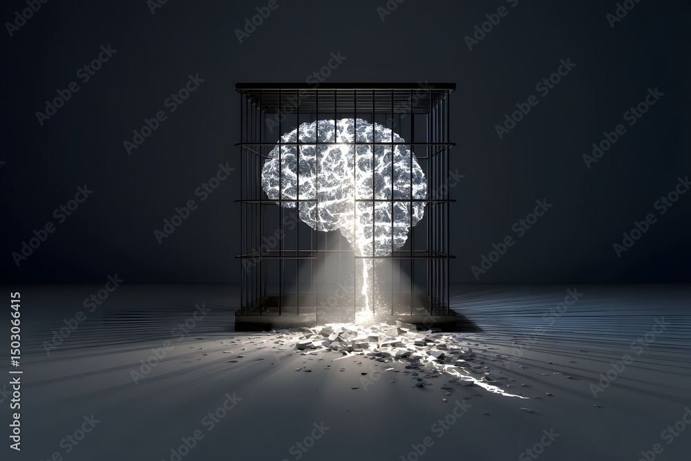 Poster a glowing brain breaking free from a cage. a metaphor for overcoming constraints and unleashing pote