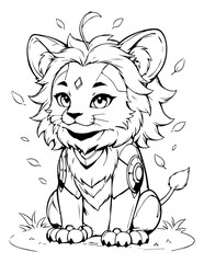 Cute Anime Robot Lion Cub Line Art Illustration