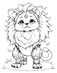 Obraz premium Cute Anime Robot Lion Cub Line Art Illustration