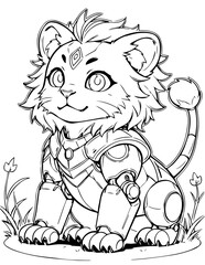 Cute Anime Robot Lion Cub Line Art Illustration
