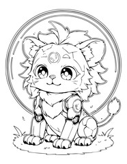 Cute Anime Robot Lion Cub Line Art Illustration