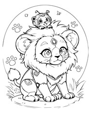Cute Anime Robot Lion Cub Line Art Illustration