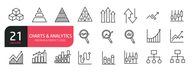 Set of line icons related to analytics, search, chart, bar diagram, bar graph. Outline icons collection. Editable stroke. Vector illustration.