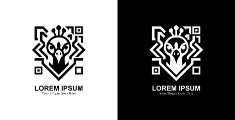 Peacock head logo design with QR or barcode shape
