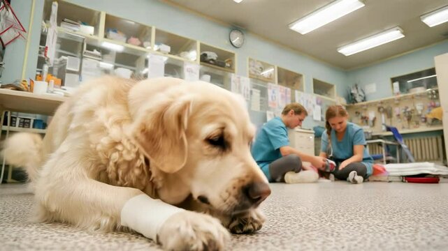 Golden retriever with bandaged paw relaxing in veterinary clinic with caring staff