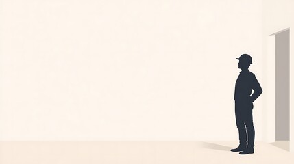 Obraz premium Silhouette Of A Construction Worker Standing Indoors Against White Wall in Soft Light And Minimalist Design