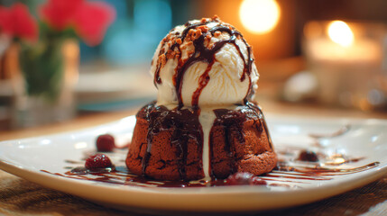 Ice cream atop a decadent hot chocolate cake