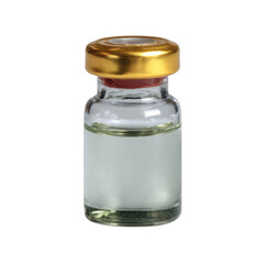 A small glass vial filled with a clear liquid, sealed with a golden cap, isolated on a white background