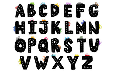 Cute set black hand drawn uppercase alphabet ABC letters font with striped road street and colorful cars vehicle transportation theme doodle crayon watercolour kids illustration clipart poster nursery