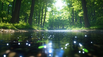 Forest river scene sunlight reflections lush green landscape nature scenery