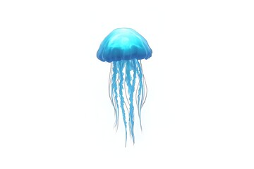 Highly Detailed 3D Blue Bioluminescent Jellyfish with Long Tentacles on White Background