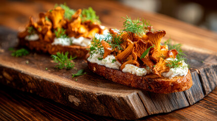 Chanterelles and cheese Vegetarian Toast served on a wooden board