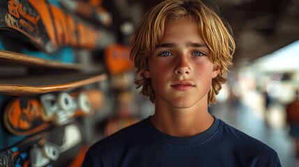 Fototapeta premium Portrait of a Teenage Boy with Skateboards in Background