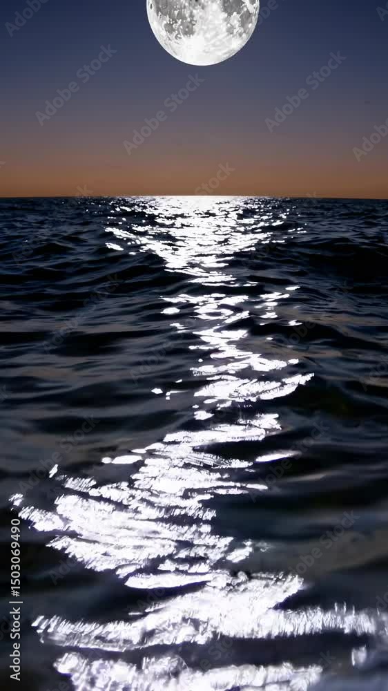 Poster a serene video still of a full moon reflecting on the ocean. captured from a low angle, emphasizing 