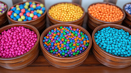 Fototapeta premium Colorful candy buffet top view, mixed round candies in wooden bowls, vibrant textures and cheerful party atmosphere