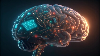 AI brain made of circuits and glowing data nodes, 3D render
