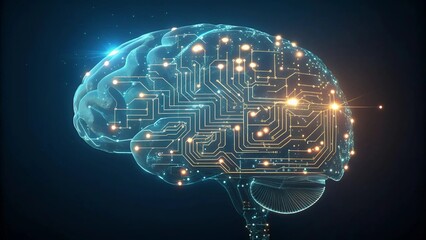 AI brain made of circuits and glowing data nodes, 3D render
