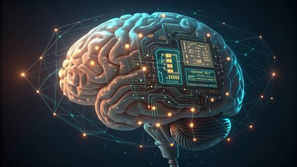 AI brain made of circuits and glowing data nodes, 3D render
