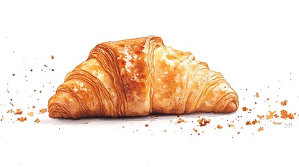 Close Up Of A Golden Brown Crispy Croissant Isolated Against White Background With Crumbly Texture Details In The Bakery Products