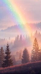 Fototapeta premium Mystical Rainbow Over Foggy Pine Forest Dreamy Nature Landscape