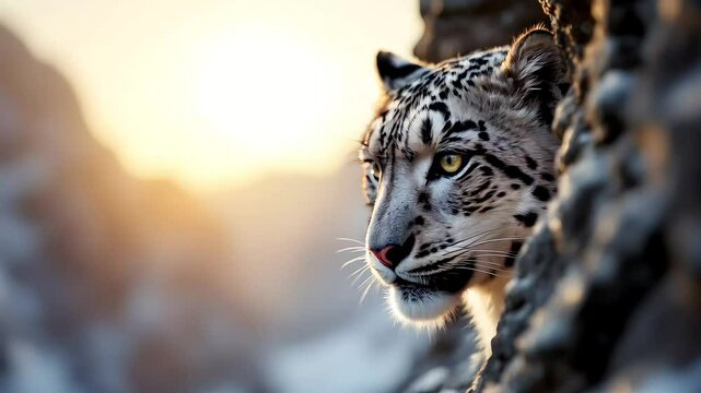  A close up of a snow leopard&rsquo;s face as it peers out from behind a rocky ledge, its distinctive fur patterns illuminated by the soft light of the rising sun