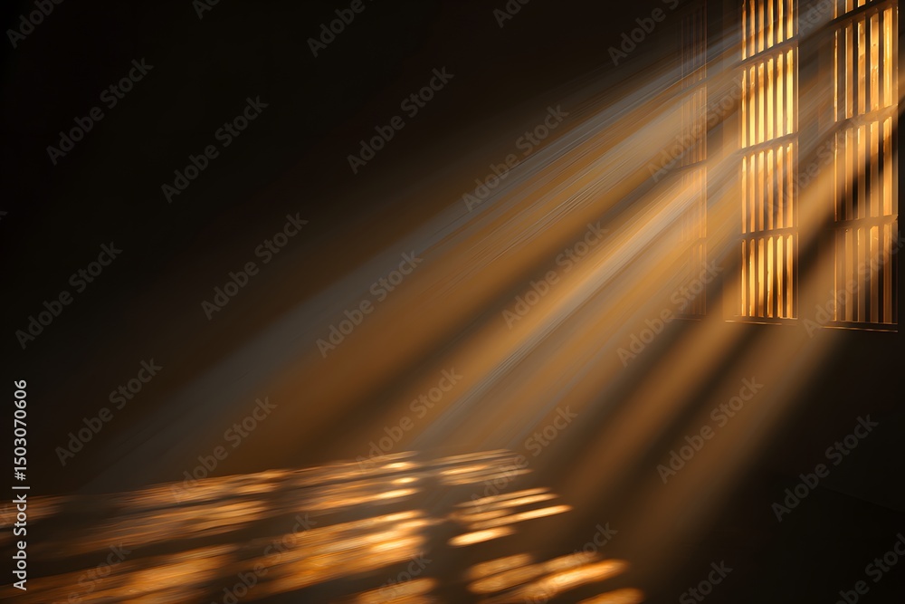 Poster sunlight streaming through a barred window casting a play of light and shadow