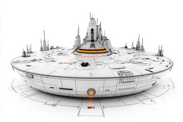 Fototapeta premium Detailed Futuristic Spaceship Model, White and Gray with Orange Engine Glows