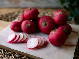 Fresh organic Red radish. fresh vegetables radish sliced copy space.