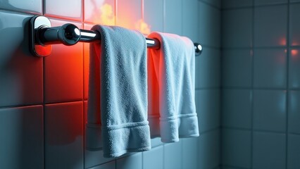 Bathroom towels on wall rack with neon light accent in modern interior.