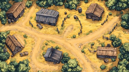 Aerial View of Rural Village with Dirt Roads and Wooden Houses Amidst Green Trees and Yellow Fields Under Daylight